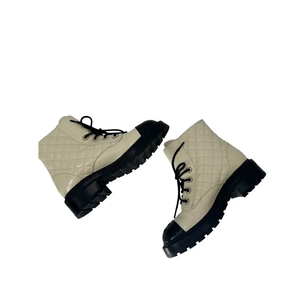 Chanel Goatskin Quilted Chain CC Cap Toe Lace Up Combat Boots Ivory Women's 37.5